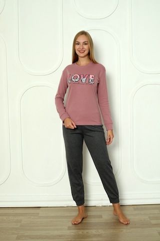 Wordex Fawn 04-3011 İnterlok Kumaş Love Baskılı Kışlık Ev Kadın Pijama Takımı Koyu Lila