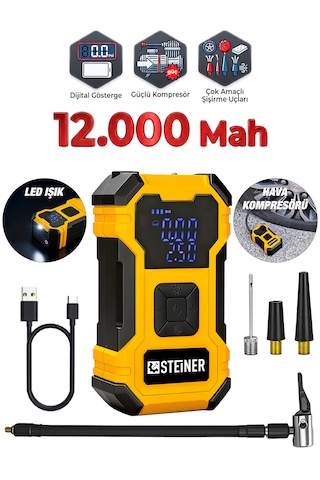 Steiner 12.000 Mah Dijital Ekranlı Kablosuz Lastik Hava Pompası Şarjlı Hava Kompresörü Powerbank Led Işık Sarı