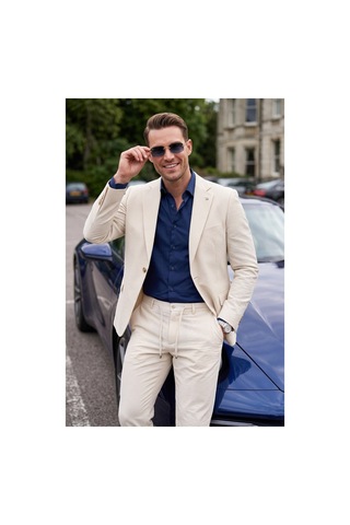 Deepsea Erkek Slim Fit Dar Kesim Çizgili Gofre Kumaş Bej Takım Elbise Tek Düğme İpli Pantolon 2602311