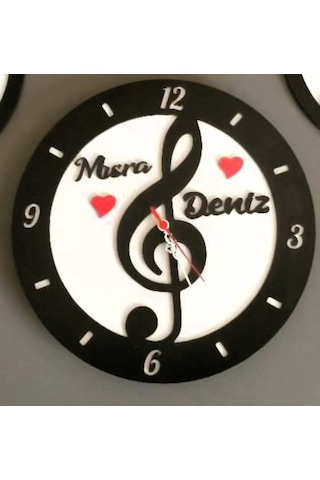 Müzik,nota ,sol Anahtarı Temalı Duvar Saati Kişiye Özel Siyah Beyaz