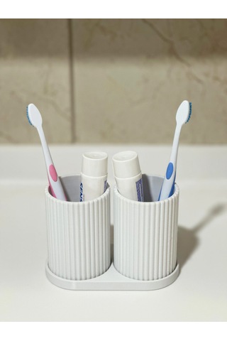 Modern Banyo Düzenleyici - Diş Fırçalık Seti - Ikili Set - Beyaz 10cm Beyaz