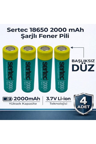 Sertec 18650 Şarjlı Pil 2000mah Fener Pili 3.7v Li-ion Başlıksız Düz 4lü