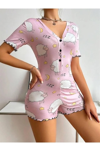 Go İthalat Kadın Şık Tasarım Pamuklu Pembe Kuzu Desenli Düğmeli Uzun Kol Tulum Pijama