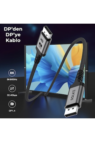 Solke Displayport 1.4 Kablo 8k 60hz 4k 144hz 32.4gbps Örgülü Alüminyum 2 Metre Dp To Dp 2 M