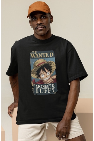Sevbano Wanted Monkey D. Luffy Baskılı Unisex Oversize One Piece Anime Ka Siyah