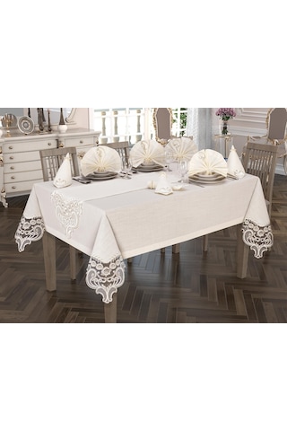 Crown Linen Fransız Güpürlü Masa Örtüsü Takımı 26 Parça Krem