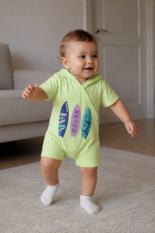 Babyhola Kapüşonlu Ocean Baskılı Kısa Kollu Unisex Bebek Tulum 10231 Yeşil