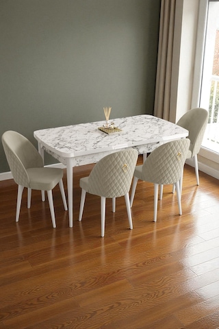 Mura Beyaz Mermer 80x132 Açılabilir Mdf Masa Yemek Odası Takımı, Mutfak Takımı 4 Adet Sandalye Krem