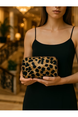 Leoper Sarı Desenli Kadın Makyaj Çantası Cüzdan El Çantası