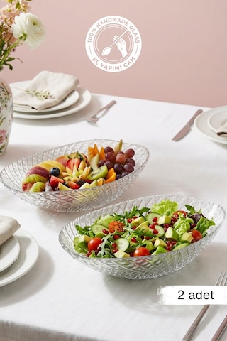 Selen Concept İnci Model El Yapımı Cam Gondol Salata Kasesi Meyvelik Ve Sunumluk 2'li Set Şeffaf