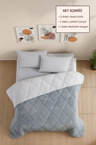 Battal Boy Lüx Wellsoft Çift Taraflı Yorgan Uyku Seti Yorgan+çarşaf+ 2 Adet Yastık Kılıfı Gri