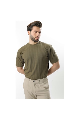 Madmext Haki Dokulu Çizgi Tasarım Bisiklet Yaka Erkek T-shirt E7122 Haki