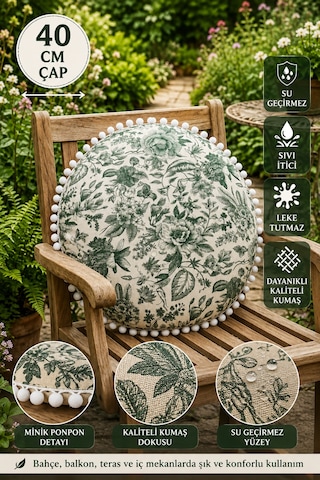 Yeşil Çiçekli Toile De Jouy Desenli Yuvarlak Minder 40 Cm - Su Geçirmez, Sıvı İtici, Leke Tutmaz, Ponponlu Çok Renkli