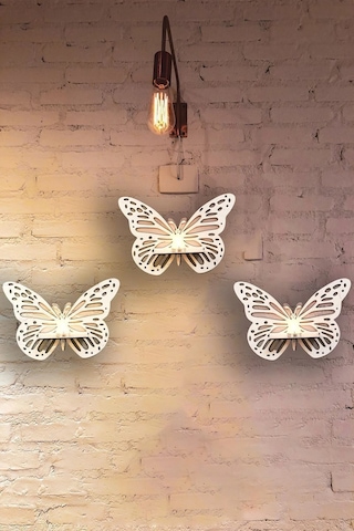 Raflı Kelebek 3'lü Beyaz Mdf Duvar Dekorasyon Lazer Kesim Her Biri 30x26 Cm -
