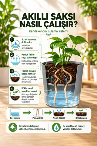 Akıllı Saksı Kendinden Sulamalı Fitilli Modern Dekoratif Saksı 2 Litre 07092104