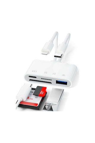4 İn 1 Lightning Type-c Çıkışlı Çoklu Kablolu Otg Çevirici Adaptör Sd Tf Kart Okuyucu Usb Hub