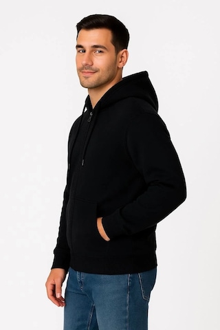 Erkek Üç İplik Kapüşonlu Tam Fermuarlı Kanguru Çepli Sweatshirt Hoodie - Siyah Siyah