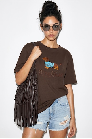 Shade Kadın Bisiklet Yaka Nakış Ve Boncuk İşlemeli Oversize T-shirt 2221 60286122 - Kahverengi