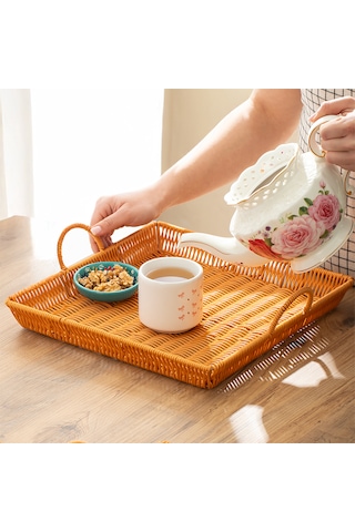 Porsima 709d Kare 3'lü Hasır Tepsi Dekoratif Sunum Servis Tepsisi