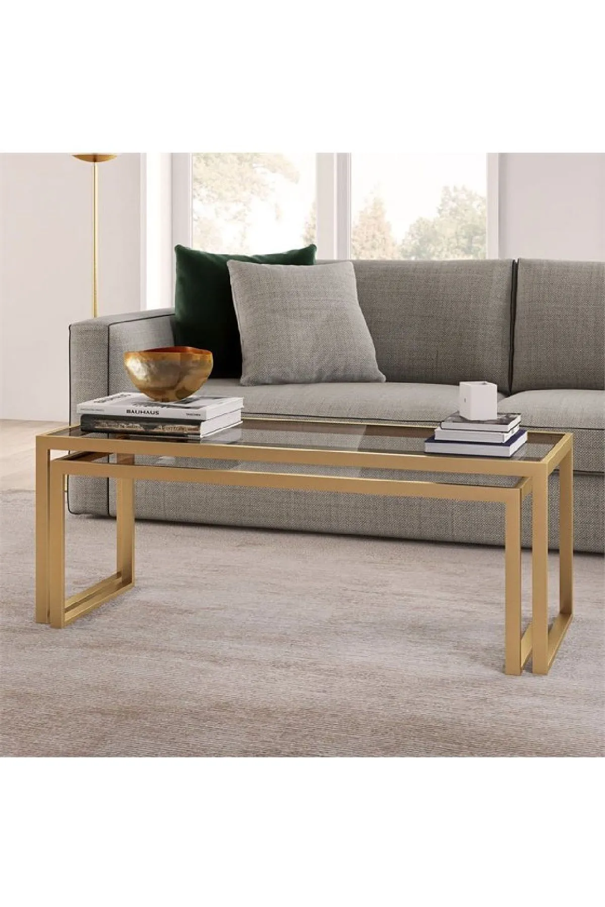 Modern 2 Li Metal Iskeletli Temper Camlı Zigon Orta Sehpa Gold-şeffaf