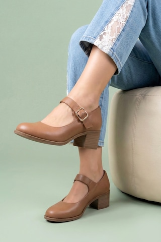 Analin Shoes Kadın Hakiki Deri Tokalı Günlük Kalın Topuklu Ayakkabı Kahverengi