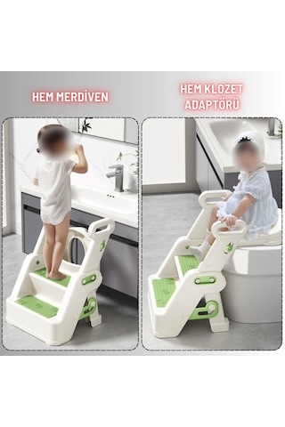 Merdivenli Katlanır Klozet Adaptörü Çocuk Tuvalet Eğitimi Ve Banyo Tuvalet Lavabo Yükseltici Yeşil