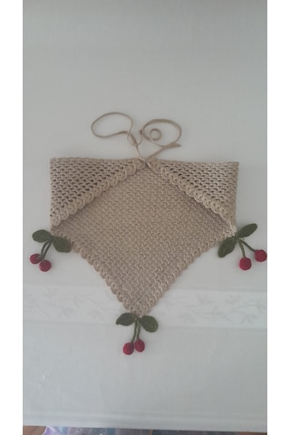 Sema Aksesuar El Örgüsü Kiraz Motifli Bandana,fular Açık Kahverengi