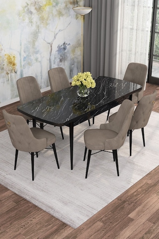 Mona Siyah Mermer Desen 80x132 Açılabilir Mdf Masa Yemek Odası Takımı, Mutfak Takımı 6 Adet Sandalye Siyah Mermer - 6 Cappuccino - Siyah Ayak