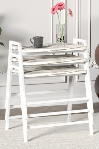 Zigon Sehpa , Aden 3'lü Tepsi Zigon Sehpa Takımı Beyaz Metal - Beyaz Mermer Tabla Beyaz-beyaz Mermer