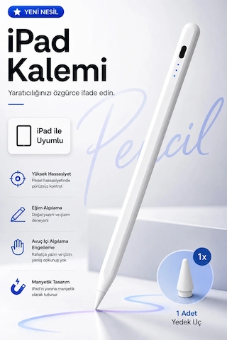 Exenar - Beyaz - İpad Uyumlu Tablet Kalemi Manyetik Stylus Pen Eğim Sensörlü Avuç İçi Engelleme Usb-c Şarjlı 1 Yedek Uç
