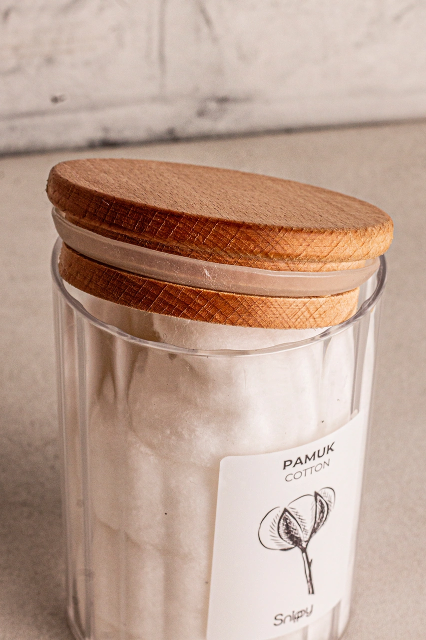 Bathy - 3'lü Ahşap Vakum Kapaklı Banyo Düzenleyici Plastik Banyo Seti Pamuk Düzenleyici Ahşap