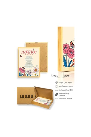 Doğal Ahşap Çerçeveli Retro Çiçekli Romantik Tablo - Aşk Sözleri Huhu2583