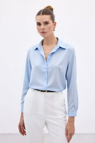 Sateen Düz Klasik Gömlek - Mavi-136998 Mavi