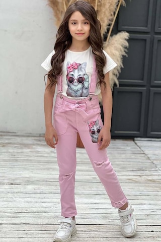 Riccotarz Kız Çocuk Üzeri Digital Baskılı T-shirt Yırtmaç Ve Kedi Detaylı Pembe Jean Salopet Takım Pembe