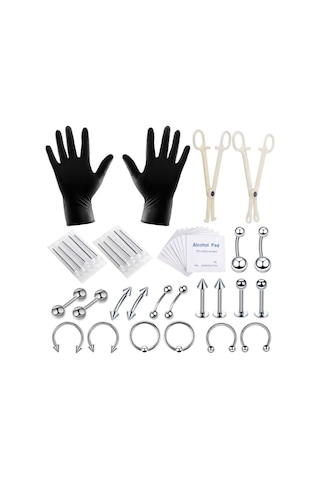 Dolıty 42 Parça Profesyonel Piercing Seti Gümüş-1.2x10+3 Çok Renkli