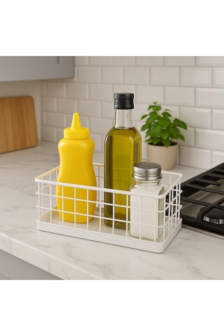 Okyanus Home Dikdörtgen Beyaz Metal Organizer Sepet Mini 13,5x23 Cm Beyaz