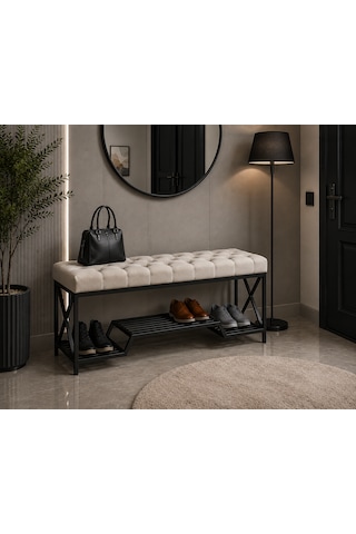 Siyah Metal Bench Ayakkabılık Bank, Kapı Girişi Puf Ayakkabılık Krem