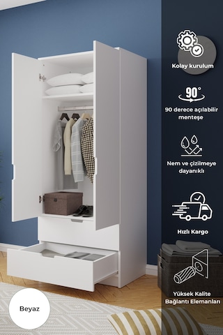 Lento 2 Kapaklı 1 Askılı 2 Çekmeceli Gardırop Beyaz Beyaz