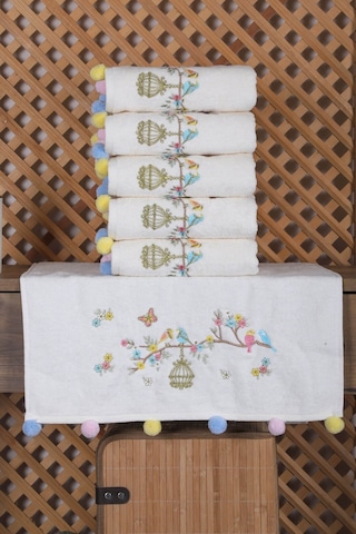 6 Lı Kuş Nakışlı El Yüz Havlu Seti Ponponlu Hediyelik Çeyizlik El Yüz Havlu Takımı 50 X 90 Cm 001