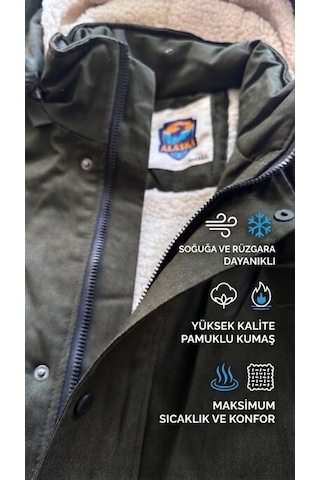 Alaska The Last Frontier Slim Fit Çıkarılabilir Kapüşonlu Gabardin Uzun Parka Kaban Haki
