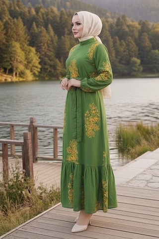 Bestenur Noyra Desenli Viskon Elbise 1722 - Haki