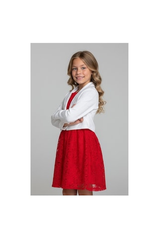 Fesshera Kids Kız Çocuk Dantel Elbise Bolero Ceket Takım 9-12 Yaş Kırmızı