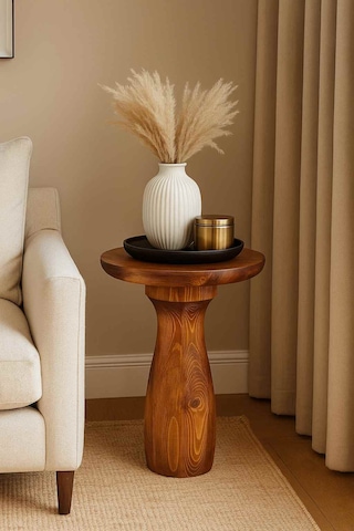 Masif Ahşap Meşe Tekli Yan Sehpa Doğal Mantar Sehpa Meşe