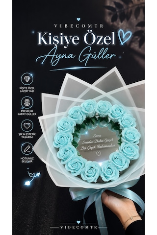Kişiye Özel Aynalı Gül Buketi Yapay Mavi Gül Buketi Sevgiliye Romantik Hediye -