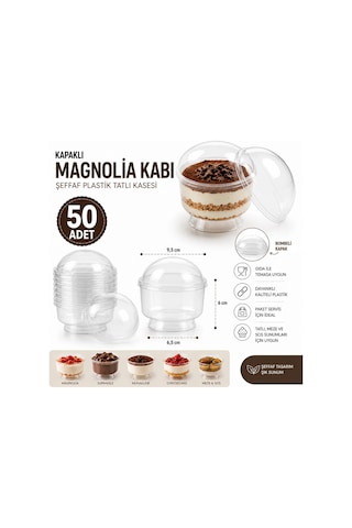 50 Adet Kapaklı Tatlı Kabı Magnolia Kasesi Şeffaf Plastik 200 Cc Magnolya Kase