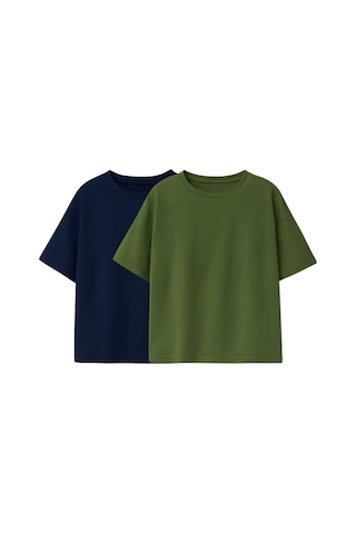 Zuzunga Basic 2'li Unisex Bisiklet Yaka T-shirt Lacivert - Haki Lacivert