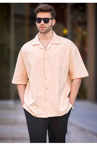 Madmext Bej Kısa Kollu Oversize Erkek Gömlek 6737 Bej