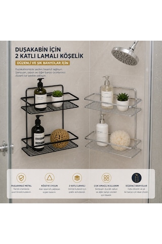 Leva House Lşo-2 Lamalı Metal Banyo Rafı - 2 Katlı Dikdörtgen Duşakabin Şampuanlığı Siyah- 12'li Paket Diğer