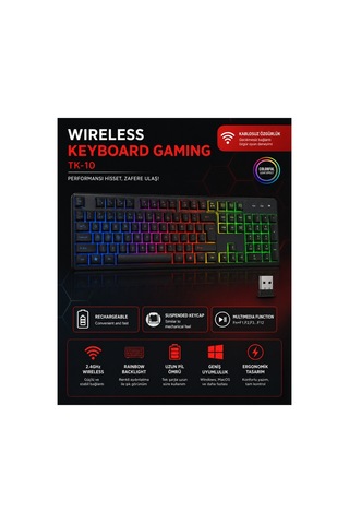 Tk-10 Şarjlı Led Işıklı Kablosuz Oyuncu Klavyesi 2.4 Ghz Usb Wireless Nefes Modlu Mekanik Klavye