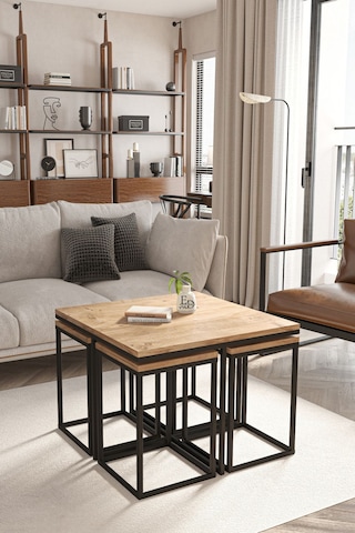 Lizbon 4+1 Kare Sehpa Takımı Siyah Metal - Atlantik Çam Tabla